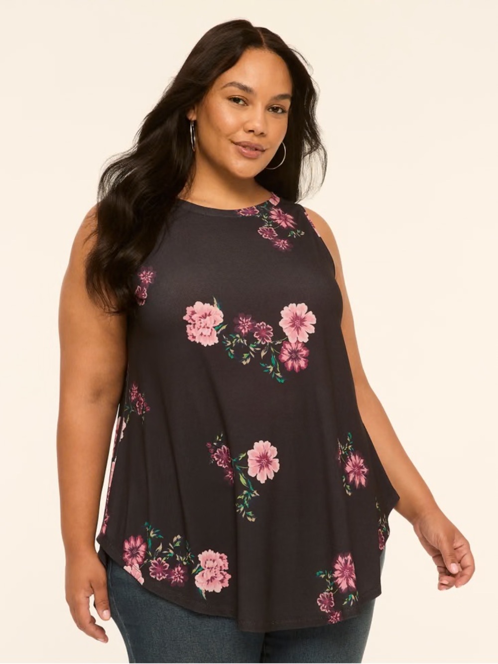 Lane Bryant Black Floral Swing Tank Top